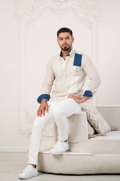 Paul Martin Armalı Yaka Garnili Parça Desenli Regular Fit Ham Keten Gömlek - Resim 6