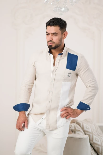 Paul Martin Armalı Yaka Garnili Parça Desenli Regular Fit Ham Keten Gömlek - Resim 7