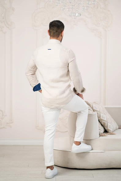 Paul Martin Armalı Yaka Garnili Parça Desenli Regular Fit Ham Keten Gömlek - Resim 10