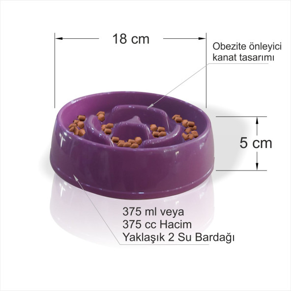 Büyük Obezite Önleyici 375cc Kedi Köpek Evcl Hayvn Az Yavaş Yeme Yediren Mama Yem Kabı Kasesi Tabağı - 3