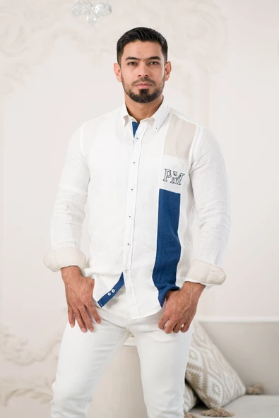 Paul Martin Armalı Yaka Garnili Parça Desenli Regular Fit Ham Keten Gömlek - Resim 2