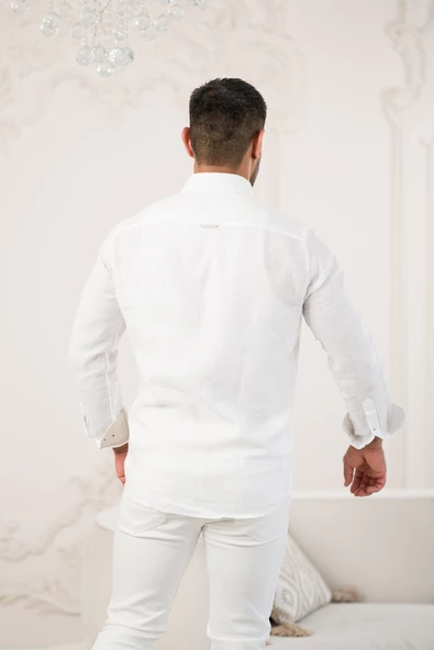 Paul Martin Armalı Yaka Garnili Parça Desenli Regular Fit Ham Keten Gömlek - Resim 4