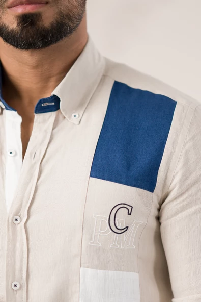 Paul Martin Armalı Yaka Garnili Parça Desenli Regular Fit Ham Keten Gömlek - Resim 11