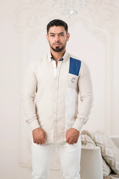 Paul Martin Armalı Yaka Garnili Parça Desenli Regular Fit Ham Keten Gömlek - Resim 8