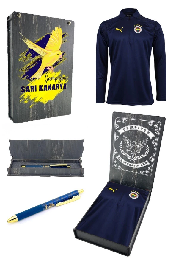 Fenerbahçe Orijinal 23/24 A Takım Hoca Yarım Fermuar Lacivert Sweat + Kalem Set Ahşap Kutulu