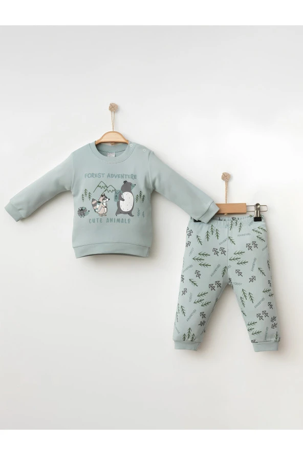 Bebek Takım %100 Pamuklu 2'li Badi ve Alt Pijama Takımı 6-18 Aylık  Yeşil 3-6 AY