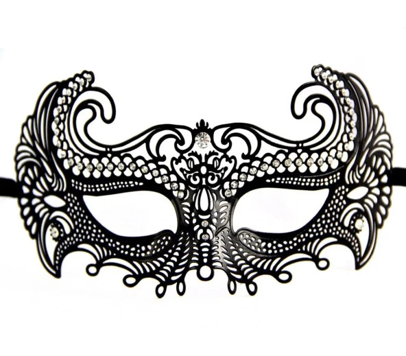 Siyah Renk Lazer Kesim Üzeri Kristal Taşlı Metal Balo Parti Venedik Maskesi