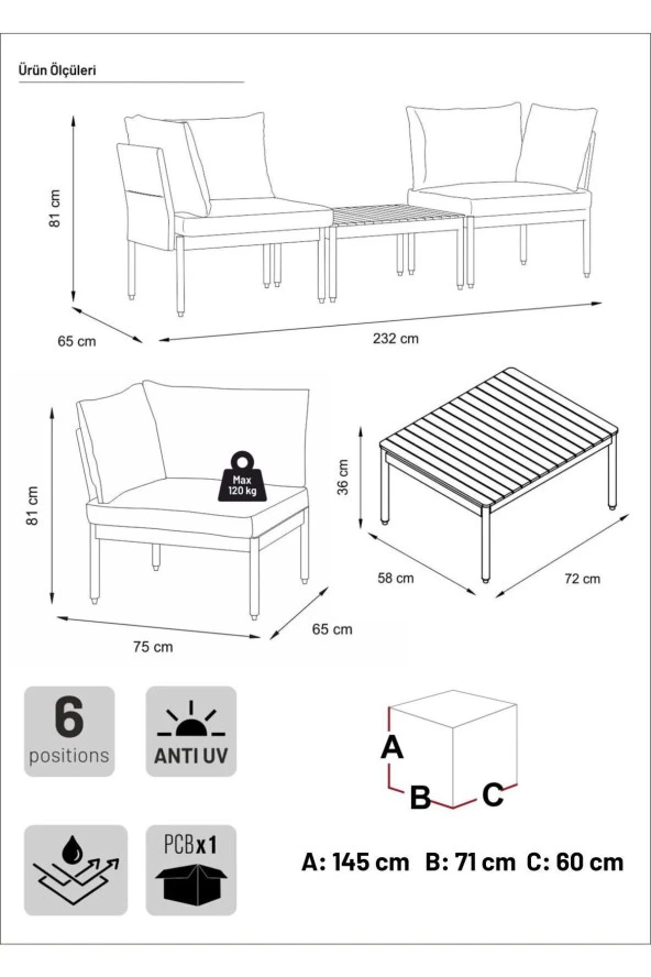 Limni Home Mini Multilounge Bahçe Balkon Seti, Şezlong ( SİYAH ) - 6