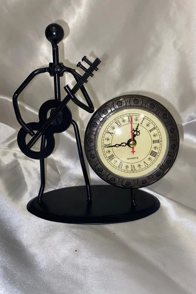 Müzisyen Metal Saat El Yapımı Büro Masa Saat Biblo Gitar - Resim 5