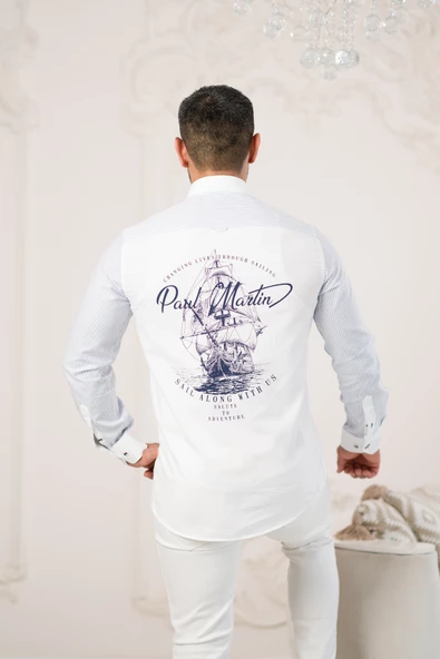 Paul Martin Armalı Arkası Baskılı Garnili Pamuklu Regular Fit Marina Gömlek - Resim 3