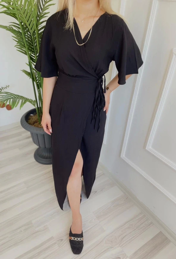 Kadın Yarım Kol Yandan Bağlamalı Jahzeel Elbise Siyah - Resim 2