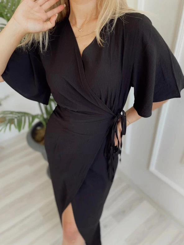 Kadın Yarım Kol Yandan Bağlamalı Jahzeel Elbise Siyah - Resim 3