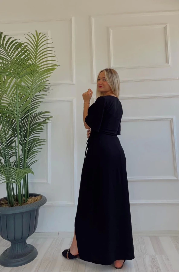 Kadın Yarım Kol Yandan Bağlamalı Jahzeel Elbise Siyah - Resim 5