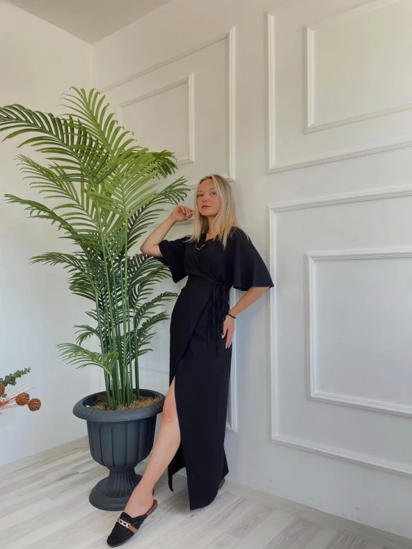 Kadın Yarım Kol Yandan Bağlamalı Jahzeel Elbise Siyah - Resim 6