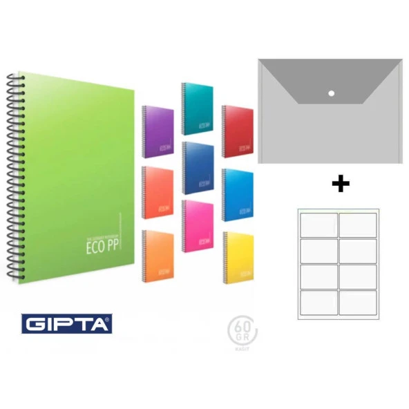 Gıpta ECO PP 100 Yp. A4 Spiralli Pp. Kapak Defter  ( 5 Kareli + 3 Çizgili = 8 Adet ) Hediyeli