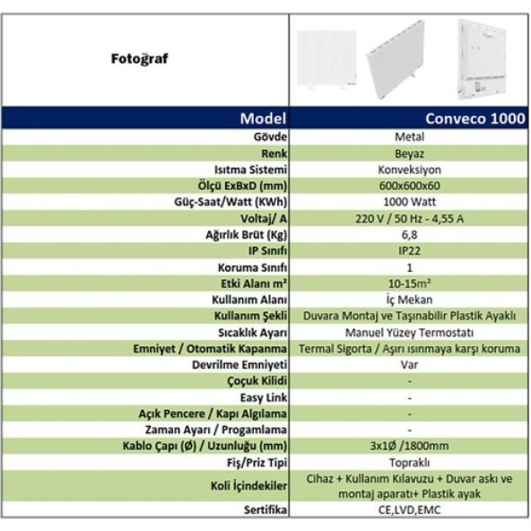 Kuas Conveco 1000 Watt Konvektör Panel Isıtıcı Manuel Beyaz - 4