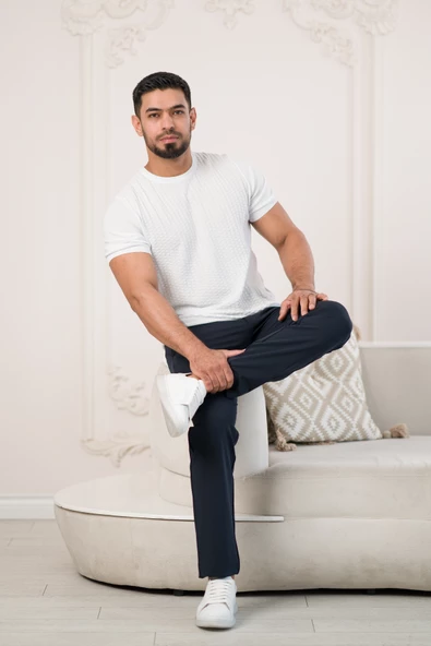 Bisiklet Yaka Desenli Modal Kumaş Likralı Regular Fit Triko T-shirt - 6