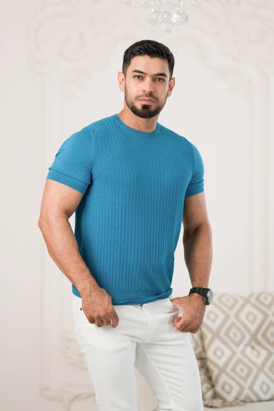 Bisiklet Yaka Desenli Modal Kumaş Likralı Regular Fit Triko T-shirt - 2