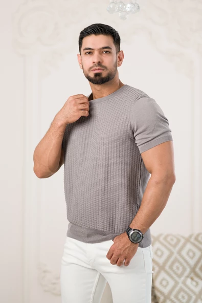 Bisiklet Yaka Desenli Modal Kumaş Likralı Regular Fit Triko T-shirt - 12