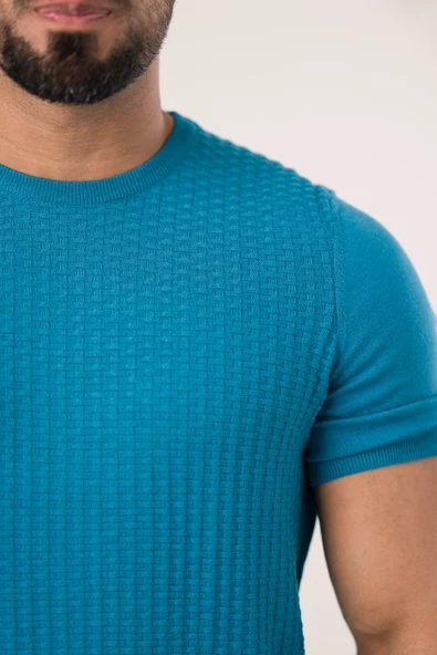Bisiklet Yaka Desenli Modal Kumaş Likralı Regular Fit Triko T-shirt - 5