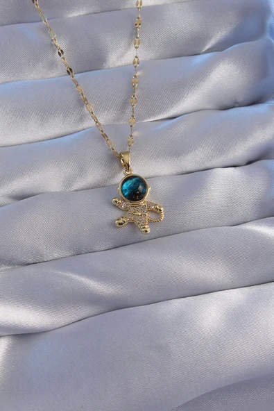 316L Çelik Zincir Gold Renk Zirkon Taşlı Astronot Figürlü Gezegen Kolye - TJ-BKO8824 ürün görseli