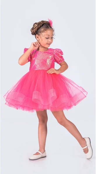 Tütü Gren Etekli Kız Çocuk Pul Payetli Kısa Kol Kikidi Elbise MNK0601 - 5