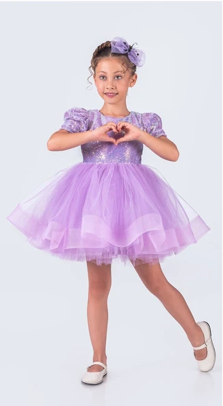 Tütü Gren Etekli Kız Çocuk Pul Payetli Kısa Kol Kikidi Elbise MNK0601 - 4