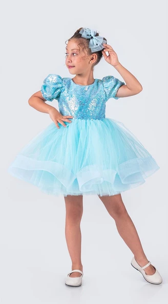 Tütü Gren Etekli Kız Çocuk Pul Payetli Kısa Kol Kikidi Elbise MNK0601 - 3