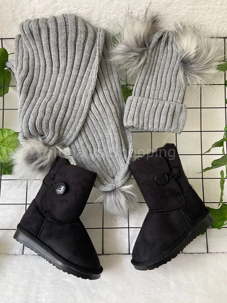 Çocuk Süet Bot Ugg + Çocuk Atkı Bere Takımı Ponponlu - Siyah Bot Gri Atkı Bere (cE2RYf80bt55A) - 10