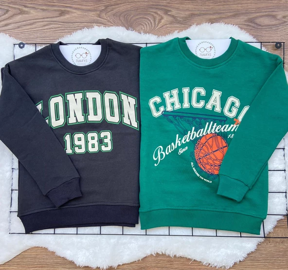 Oversize 2'li Sweatshirt London+Chıcago Baskılı (Füme LONDON Yeşil CHİCAGO) (q5jmIlf3hxT4Z)