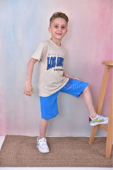 Erkek Çocuk  Los Angeles Baskılı Şortlu T-shirt Takım %100 Pamuklu Kompak Kumaş (y8qH66k9QF) - 5