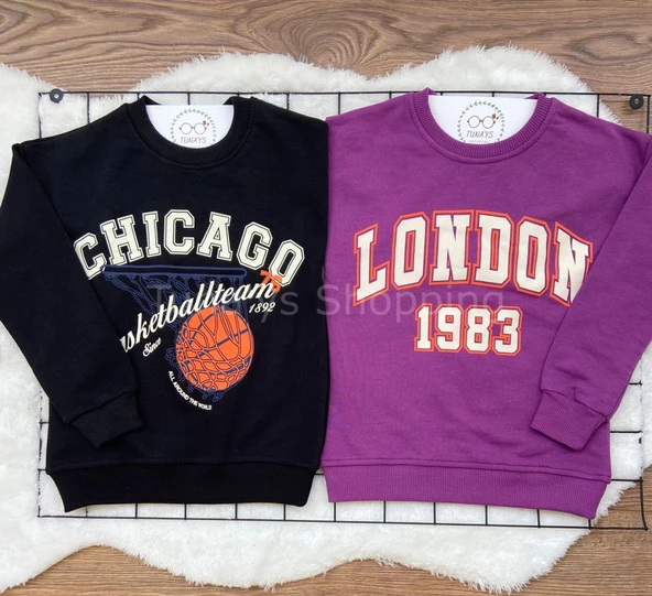 Oversize 2'li Sweatshirt London+Chıcago Baskılı (Siyah CHICAGO LİLA LONDON) (vBLnMLd8wIfSy) - 3