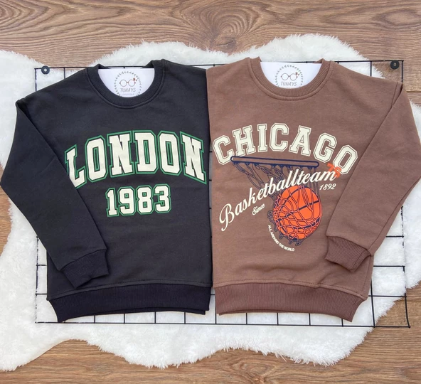 Oversize 2'li Sweatshirt London+Chıcago Baskılı (Siyah LONDON Kahve CİHİCAGO) (Cy16uo9hLg3L6)