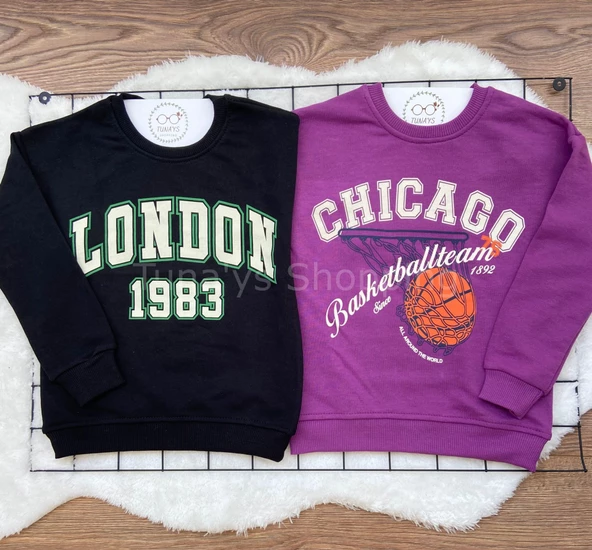 Oversize 2'li Sweatshirt London+Chıcago Baskılı (Siyah LONDON Mor CHİCAGO) (HMghEjbGOl1Lz) - 5