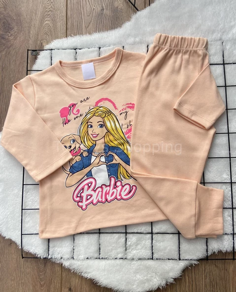 %100 Pamuk Penye Kumaş Bebek Çocuk Pijama Takım - PİJAMA BARBİE (T76qushEdDOiB) - 7