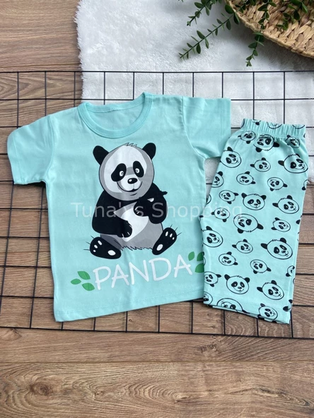 %100 PAMUK YAZLIK KISA KOL KAPRİ BEBEK-ÇOCUK PİJAMA TAKIMI - YAZLIK PİJAMA TURKUAZ PANDA (ix4AYQOFDOjrw) - 7