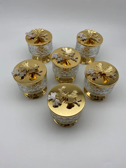 6'lı Ayaklı Gold Timeless Cam Magnolia Kasesi, Kelebek Kapaklı Dondurmalık, Şekerlik, Çerezlik - 2