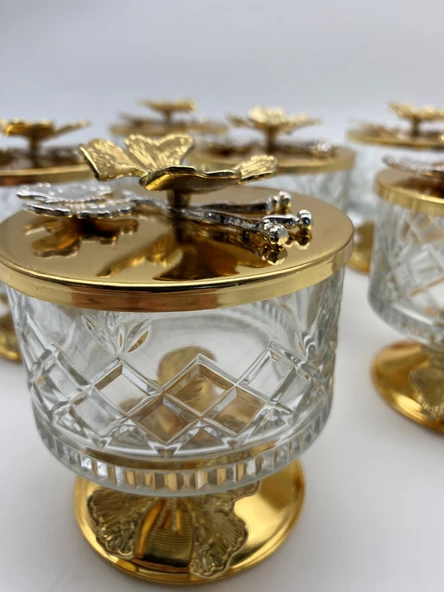 6'lı Ayaklı Gold Timeless Cam Magnolia Kasesi, Kelebek Kapaklı Dondurmalık, Şekerlik, Çerezlik - 3