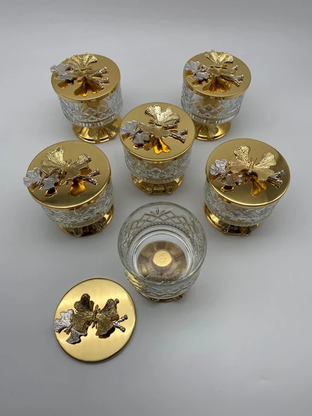 6'lı Ayaklı Gold Timeless Cam Magnolia Kasesi, Kelebek Kapaklı Dondurmalık, Şekerlik, Çerezlik - 5