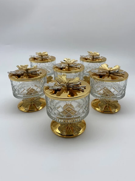 6'lı Ayaklı Gold Timeless Cam Magnolia Kasesi, Kelebek Kapaklı Dondurmalık, Şekerlik, Çerezlik