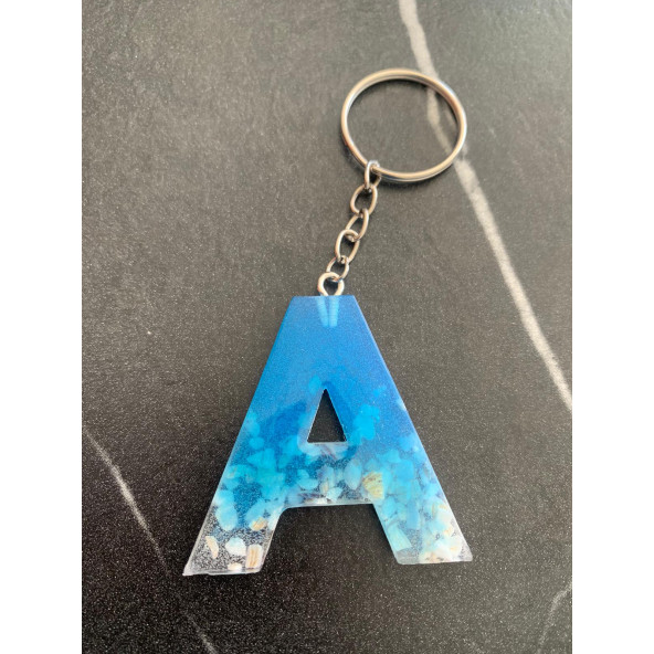 A Harfi Mavi Renk Deniz Kabuklu Gümüş Aksesuarlı Epoksi Anahtarlık El Yapımı Hediyelik - Resim 3