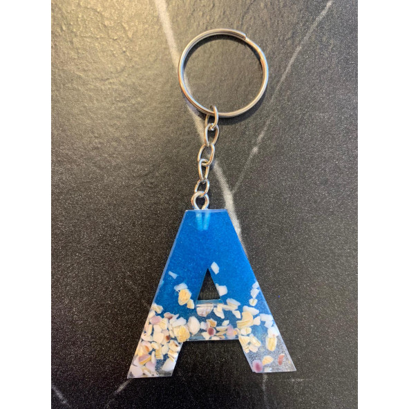 A Harfi Mavi Renk Deniz Kabuklu Gümüş Aksesuarlı Epoksi Anahtarlık El Yapımı Hediyelik - Resim 4