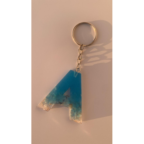 A Harfi Mavi Renk Deniz Kabuklu Gümüş Aksesuarlı Epoksi Anahtarlık El Yapımı Hediyelik - Resim 5