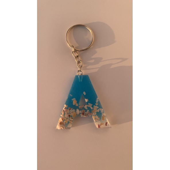 A Harfi Mavi Renk Deniz Kabuklu Gümüş Aksesuarlı Epoksi Anahtarlık El Yapımı Hediyelik - Resim 8