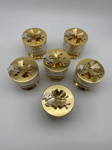 6'lı Ayaklı Gold Elysia Cam Magnolia Kasesi, Kelebek Kapaklı Dondurmalık, Şekerlik, Çerezlik - 2