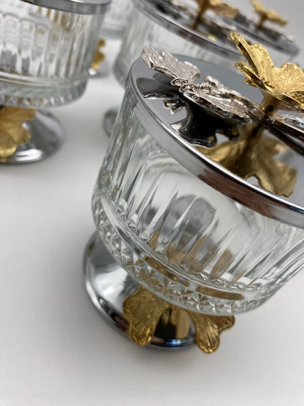 6'lı Ayaklı Gümüş Elysia Cam Magnolia Kasesi, Kelebek Kapaklı Dondurmalık, Şekerlik, Çerezlik - 3