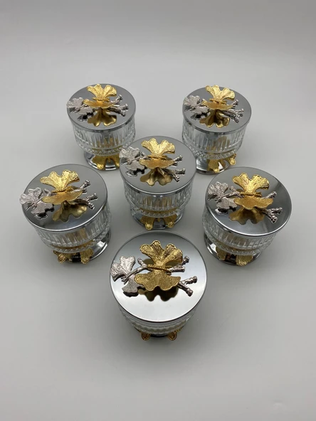 6'lı Ayaklı Gümüş Elysia Cam Magnolia Kasesi, Kelebek Kapaklı Dondurmalık, Şekerlik, Çerezlik - 2