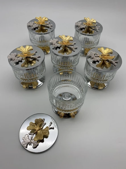 6'lı Ayaklı Gümüş Elysia Cam Magnolia Kasesi, Kelebek Kapaklı Dondurmalık, Şekerlik, Çerezlik - 4