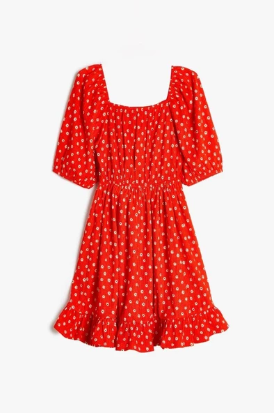 Koton Kız Çocuk Çiçekli Mini Elbise Kısa Kollu Kare Yaka - 2