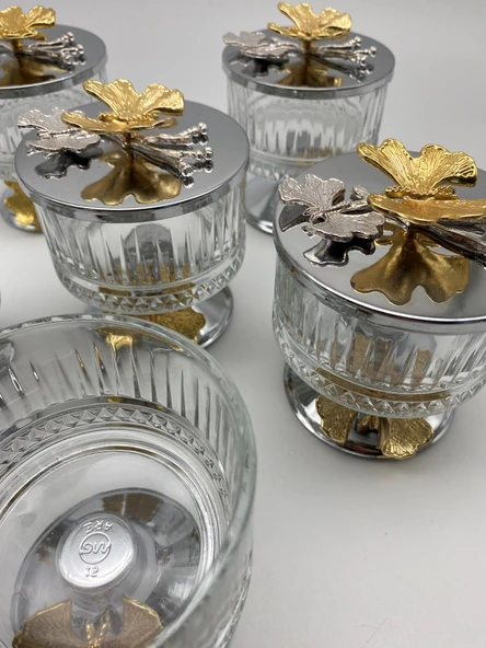 6'lı Ayaklı Gümüş Elysia Cam Magnolia Kasesi, Kelebek Kapaklı Dondurmalık, Şekerlik, Çerezlik - 5